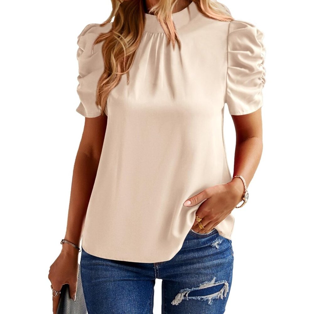 Women's Beige Summer Top Ruffle Short Sleeve Frill Trim Mock Neck Floral Tops